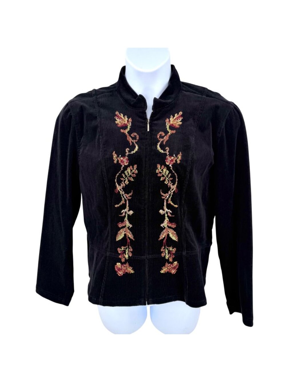 CHRISTOPHER & BANKS BLACK STRETCH CORDUROY JACKET w FLORAL EMBROIDERY - L